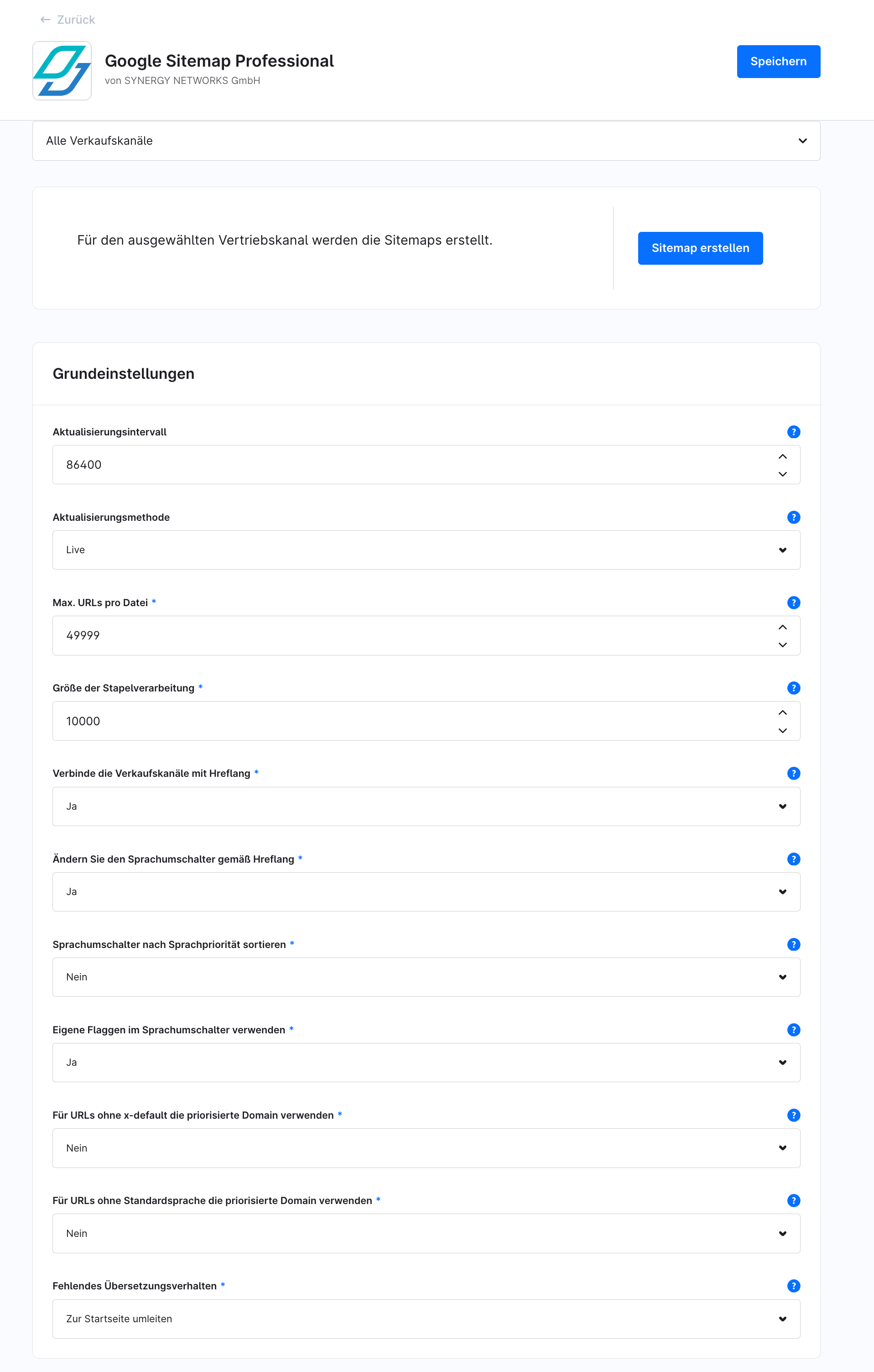 Ajustes básicos del plugin con método de actualización, intervalo de actualización y número máximo de URL por archivo