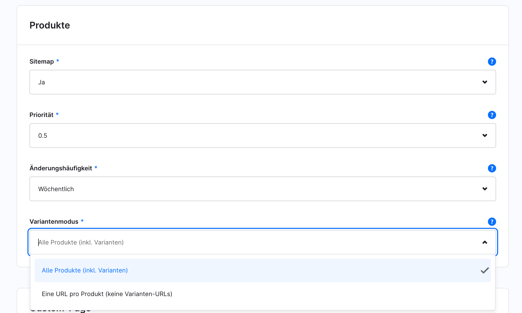 Selección del modo de variantes en la configuración del plugin: todos los productos incluidas las variantes o una URL por producto