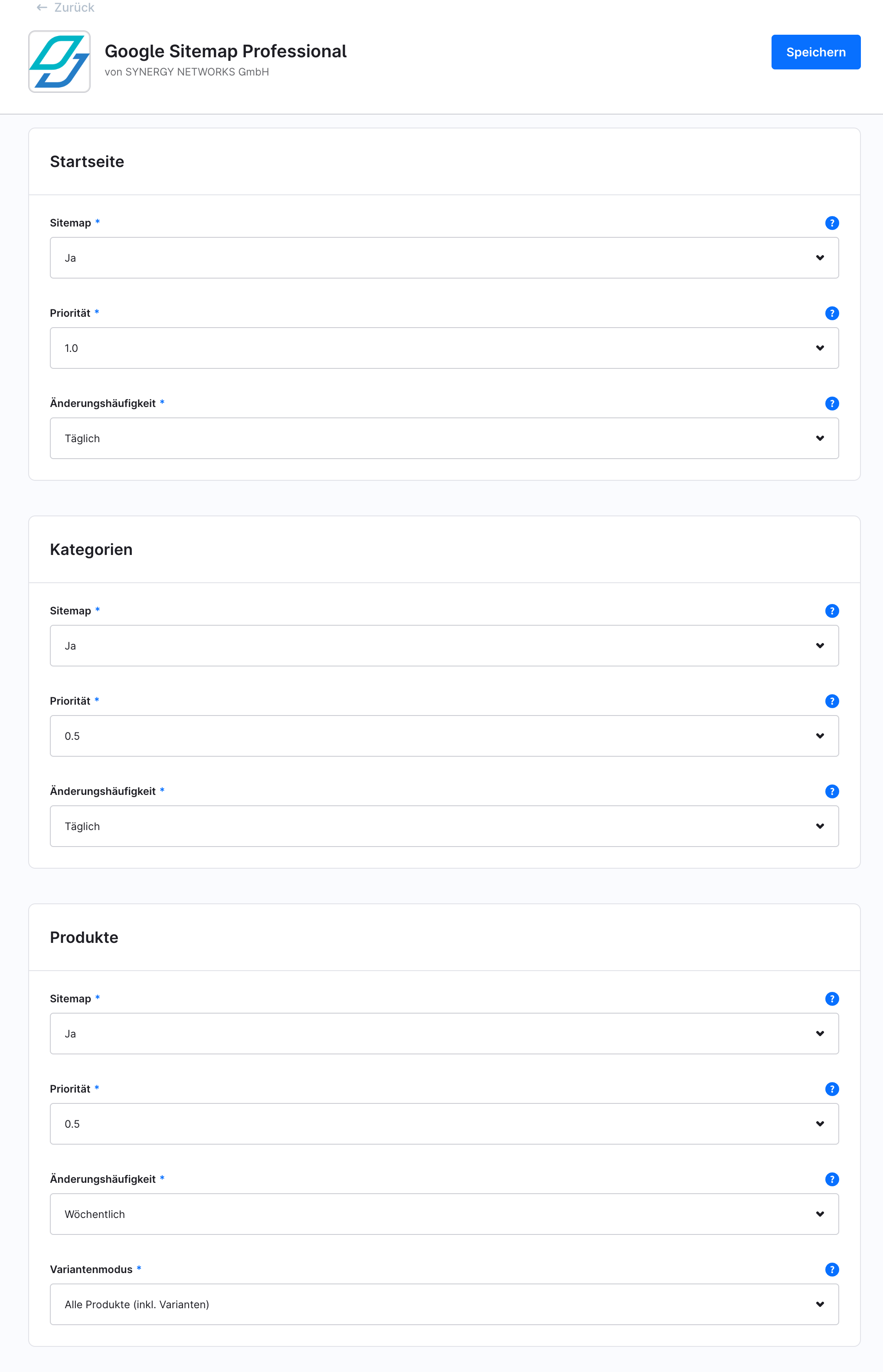 Ajustes del sitemap por tipo de contenido en la configuración del plugin: página de inicio, categorías y productos con prioridad y frecuencia de cambio