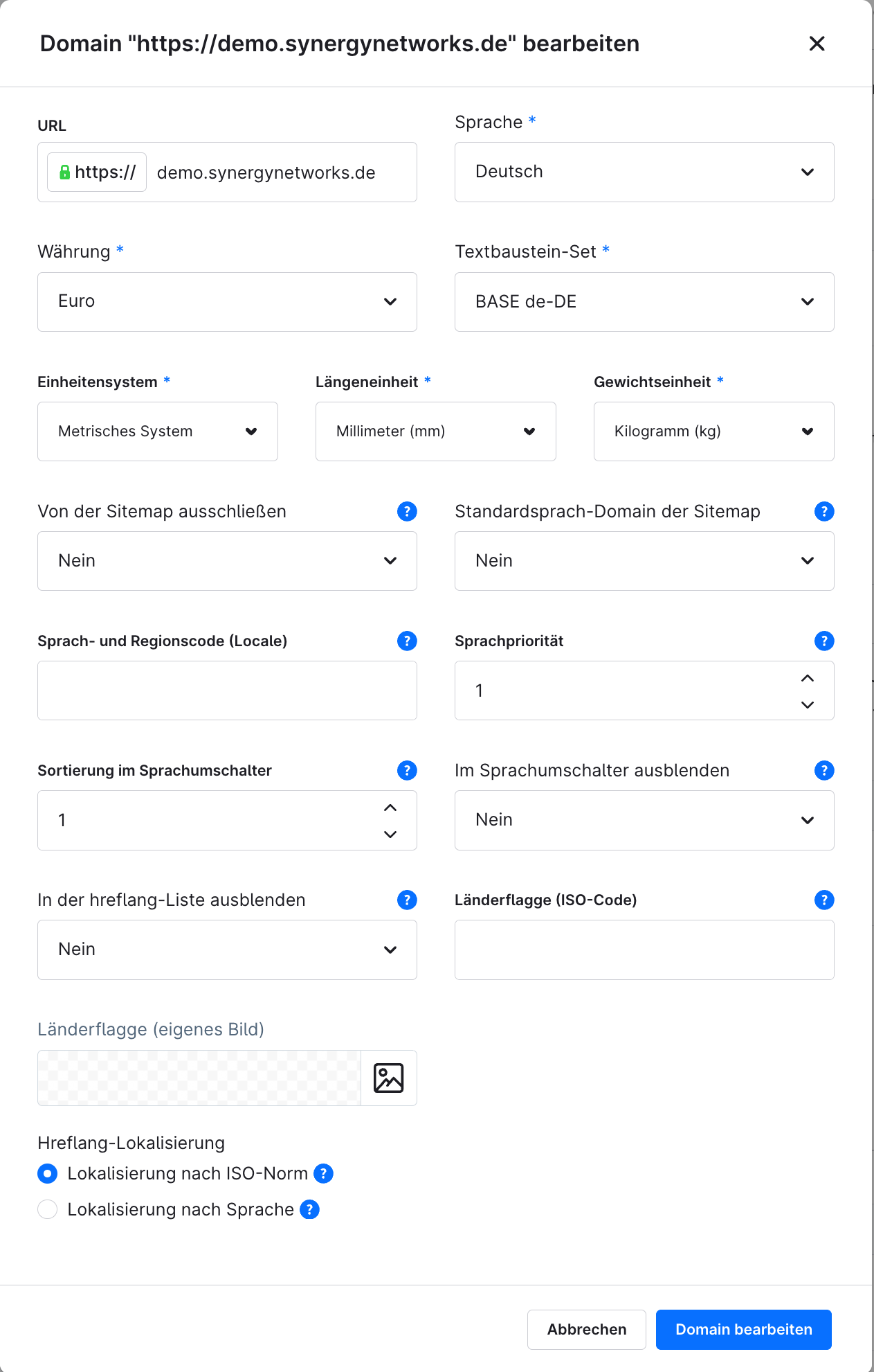 Ajustes de dominio del plugin: código de idioma y región, x-default, orden en el selector de idioma y banderas de país propias